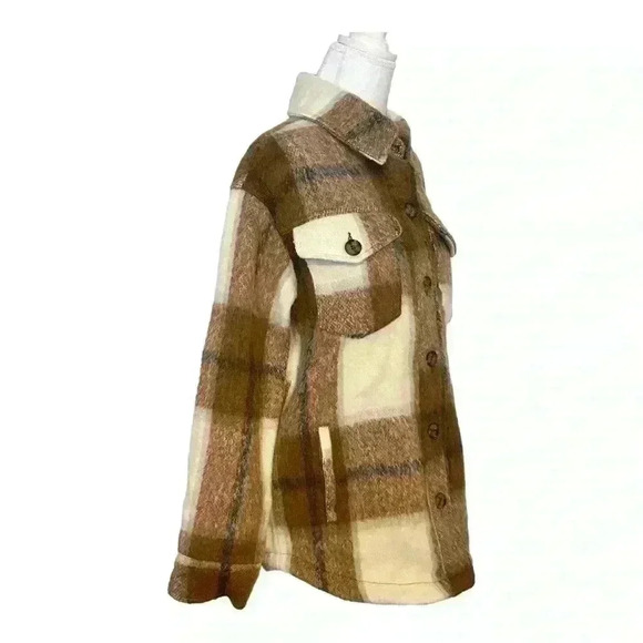 Avec Les Filles NWT Cognac Plaid Oversized Shacket Neutral Brown Button Down S - Picture 6 of 9